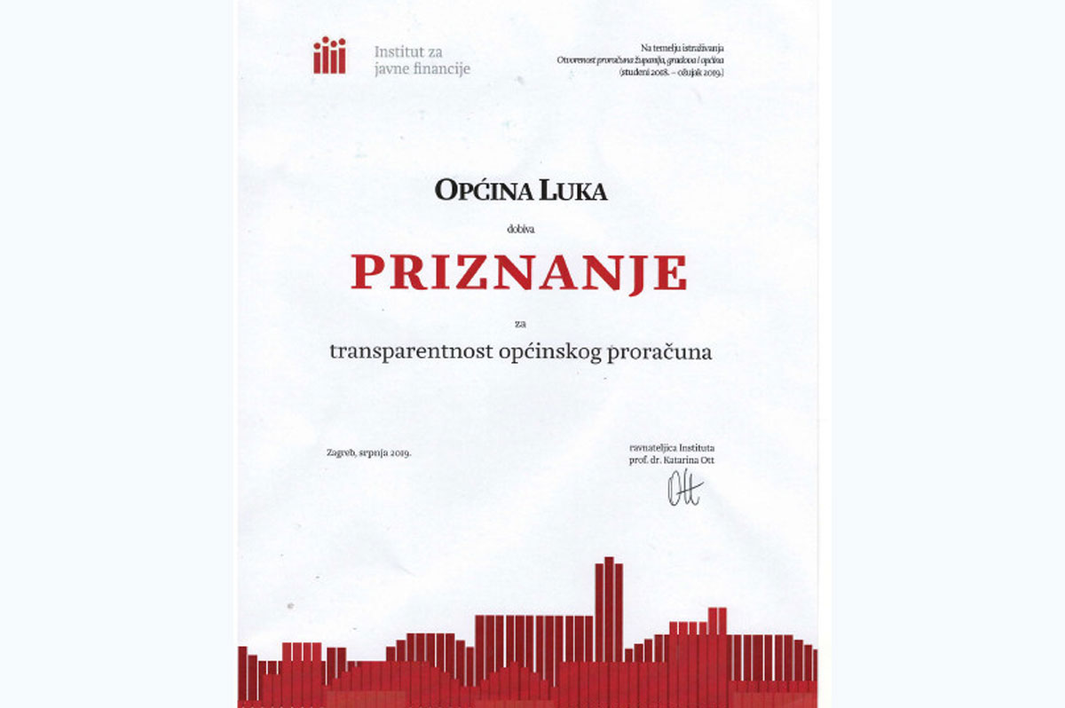 PRIZNANJE ZA TRANSPARENTNOST OPĆINSKOG PRORAČUNA