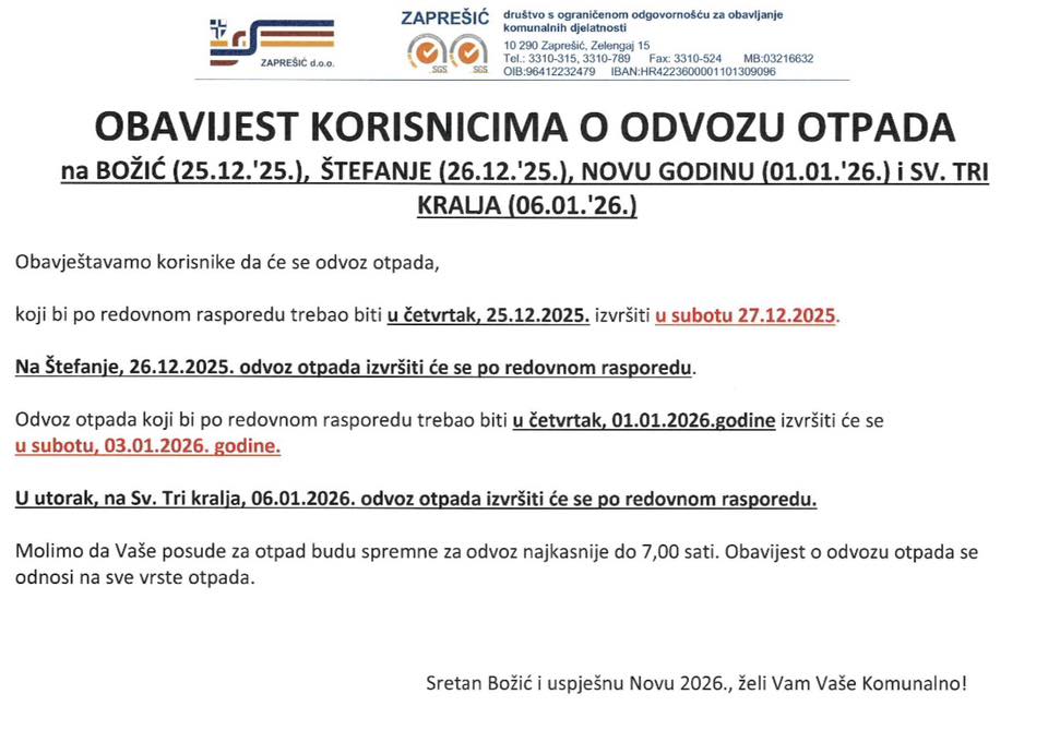 OBAVIJEST O ODVOZ OTPADA I RADU RECIKLAŽNOG DVORIŠTA U VRIJEME BOŽIĆNIH I NOVOGODIŠNJIH BLAGDANA