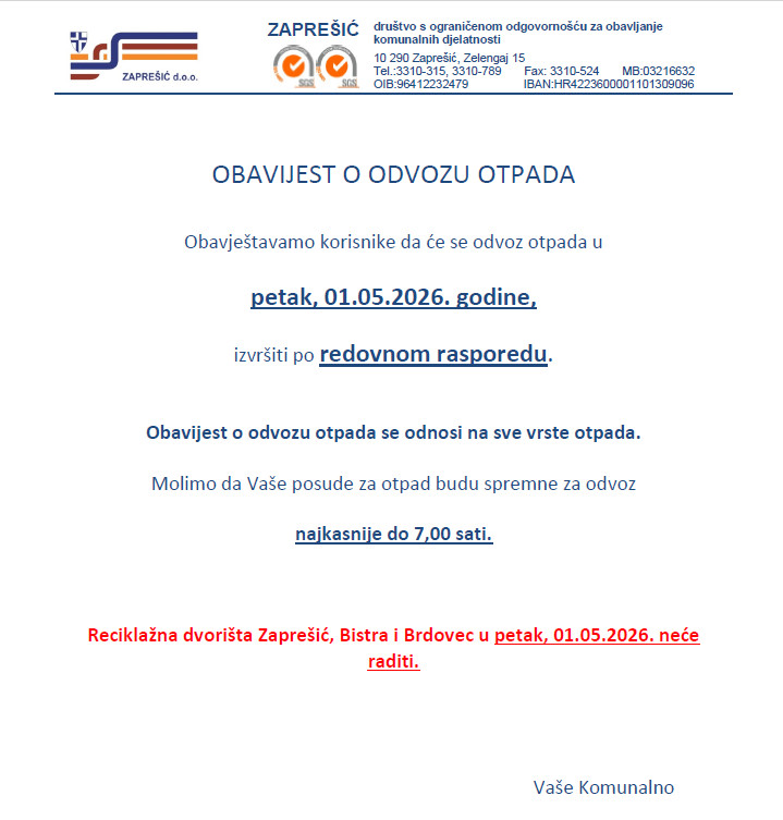 📢 OBAVIJEST O ODVOZU OTPADA 1.5.2026.