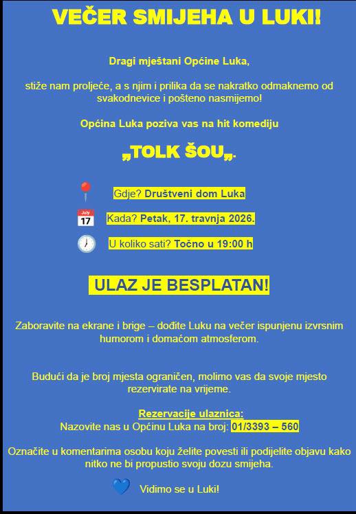 Večer smijeha u Luki – hit komedija „TOLK ŠOU“