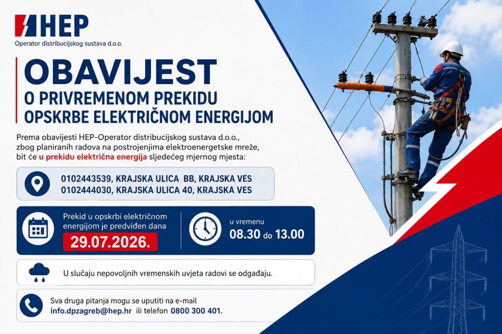 OBAVIJEST O PRIVREMENOM PREKIDU OPSKRBE ELEKTRIČNOM ENERGIJOM