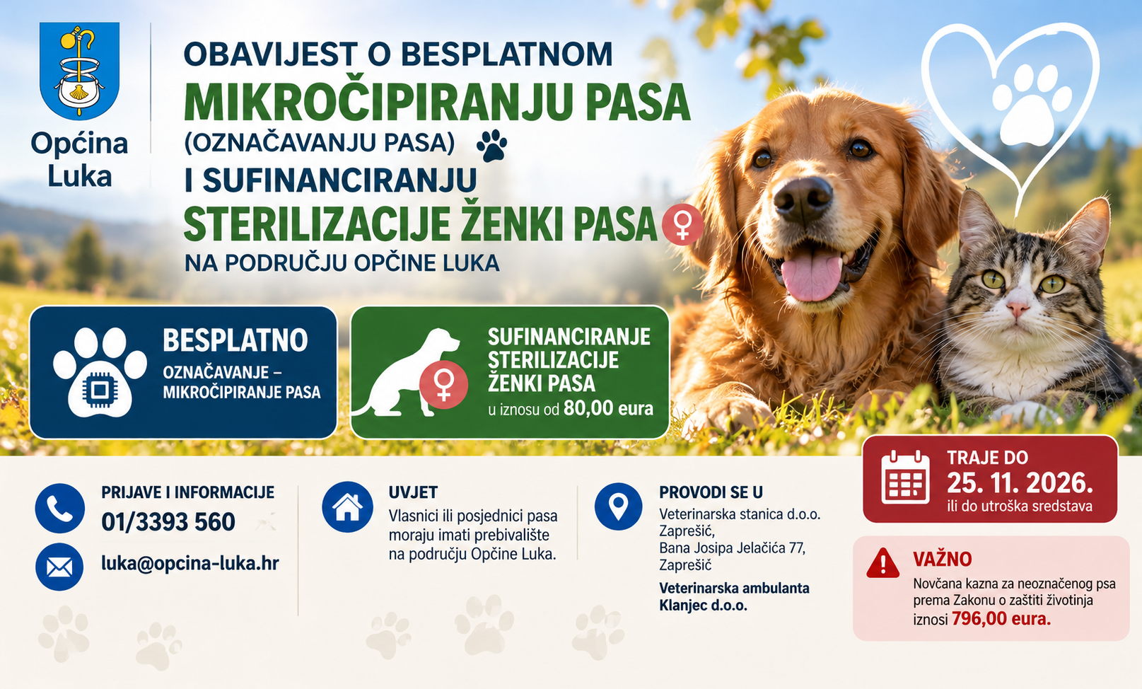 OBAVIJEST O BESPLATNOM MIKROČIPIRANJU (OZNAČAVANJU PASA) I SUFINANCIRANJU STERILIZACIJE ŽENKI PASA NA PODRUČJU OPĆINE LUKA